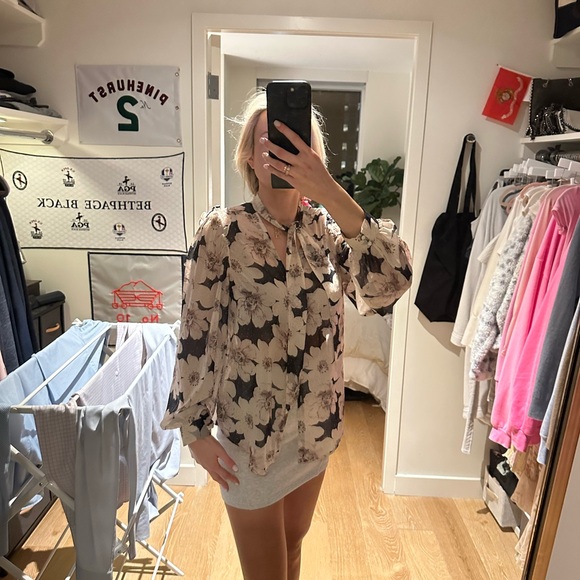 PAIGE Tops - Paige Floral Sheer Tie-Neck Blouse - Black & Cream